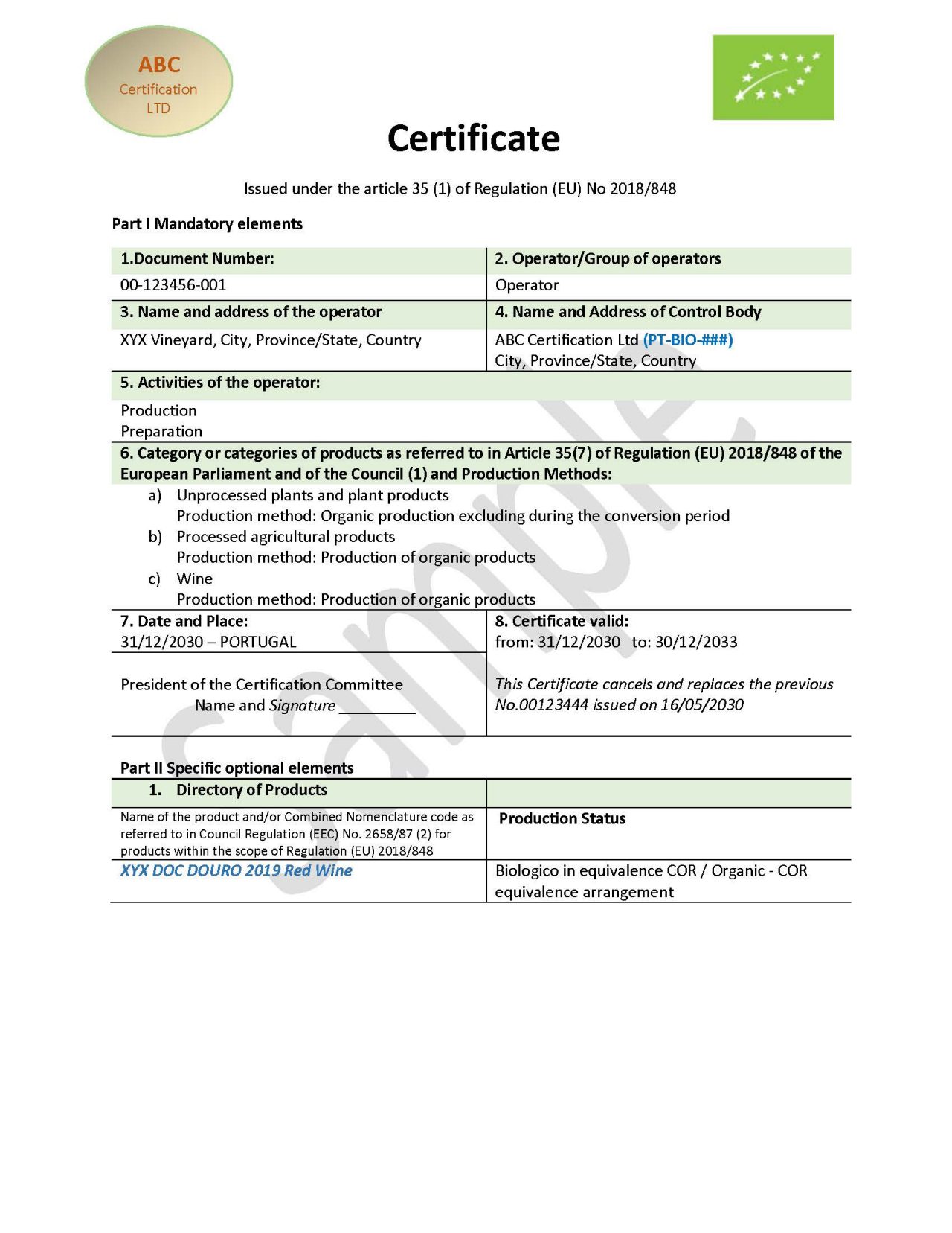 Organic Certificate Example